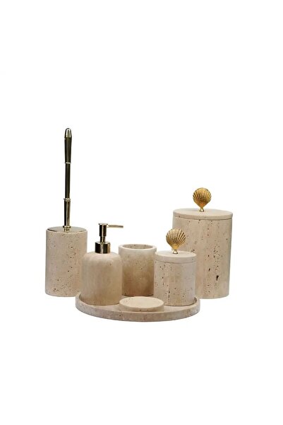 ege gross Dekoratif Traverten Mermer Banyo Seti Takımı 7 Li Pirinç Aksesuar D...