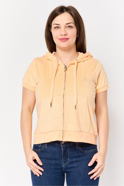 Juicy Couture هودي نسائي بأكمام قصيرة وشعار مطرز، لون خوخي