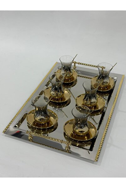 isra kristal Luxury Gold Tray Tea Set - Modern Tea Set - Tray and 6 Cups - Saucer - Spoon - 135ml