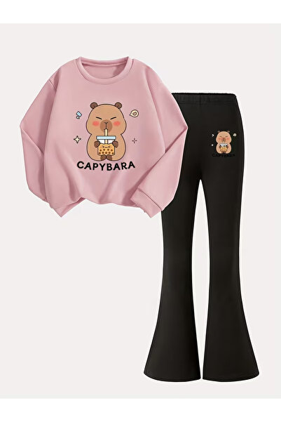 Machetta Children's Capybara Printed Sweatshirt Flared Tracksuit Set