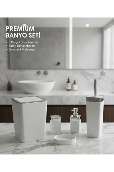Caspian Plus Modern Kare Formlu Mat Beya Banyo Seti - 5'li Çöp Kovası & Fırça...