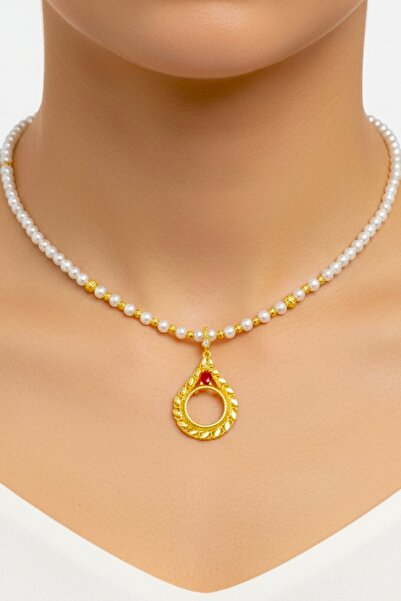 Parılda Çeyrekli Altın Uyumlu 6mm İncili Kolye - Pembe Pullu Zincir Model