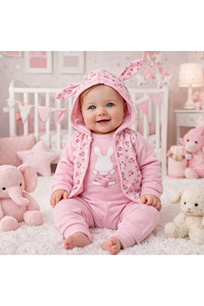 tinitins Rabbit Embroidered Floral Hooded 3-Piece Baby Set