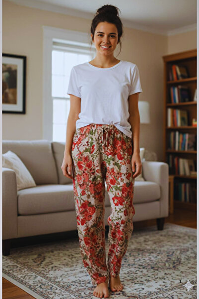 MAKSEN TEKSTİL Suede Velvet Elastic Floral Pattern Pocketless Women's Long Pajamas