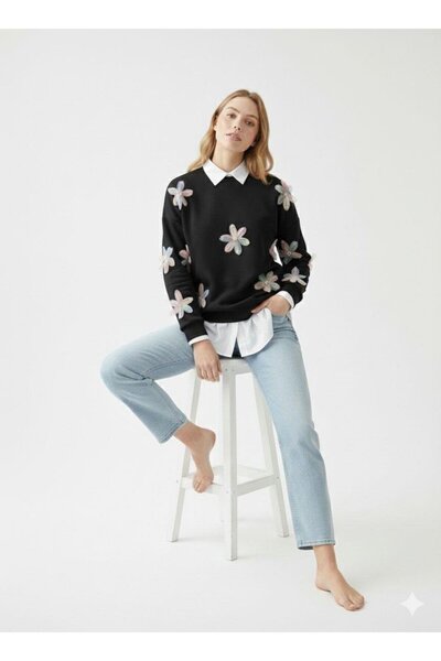 ribana Women's Floral Tulle Detailed Embroidered Shirt Collar Three Thread Thick Sh Fleece-Lined O Oversized Sweatshirt Tunic