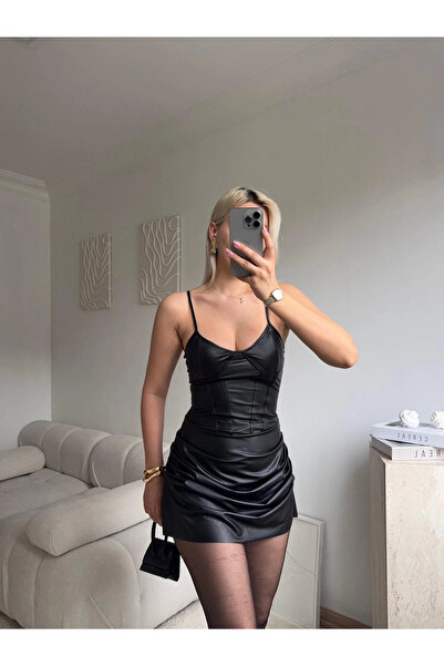 Zora Butik Drapeli Korsaj Mini Elbise - SİYAH