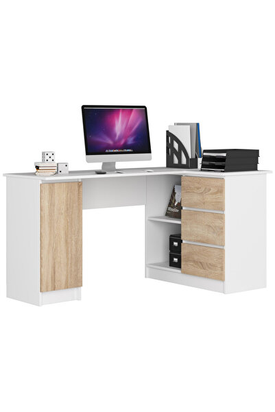 SERSIMO Birou de colț dreapta în formă de L cu 3 sertare și rafturi, PAL laminat de 16 mm, 155x85x77 alb