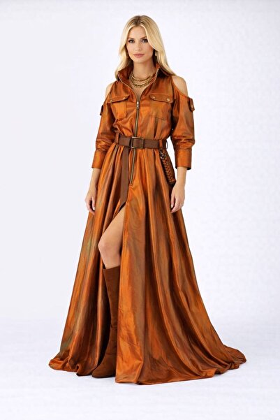 ALYEL NAKER Front Zippered & Off-The-Shoulder Maxi Length Special Design Taff...