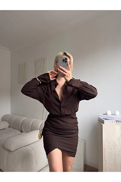 Zora Butik Striped double shirt dress - brown