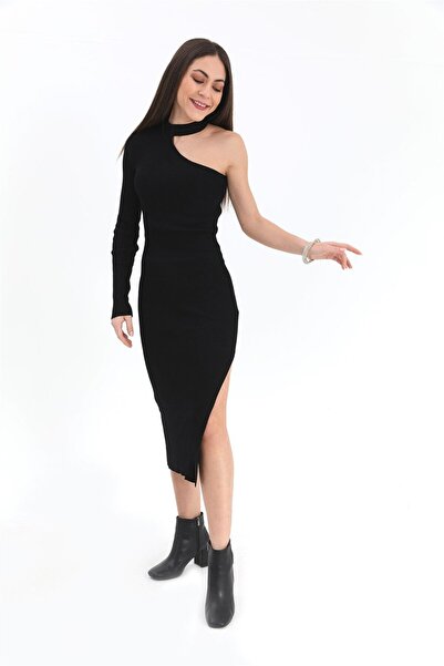 VELİZADE Νέα συλλογή Χειμερινό πλεκτό φόρεμα με μαλακή υφή, μονό ώμο, σχισμή ...