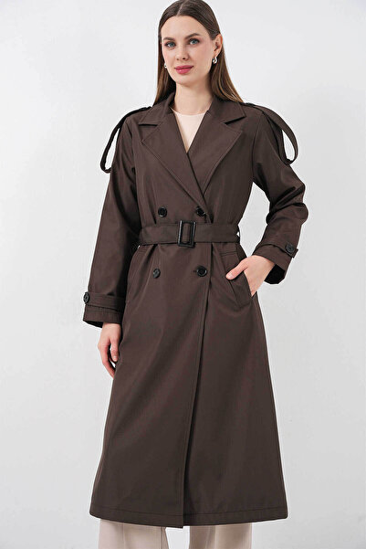 Bigdart Double-Breasted Collar Long Brown Women's Trench Coat 5941