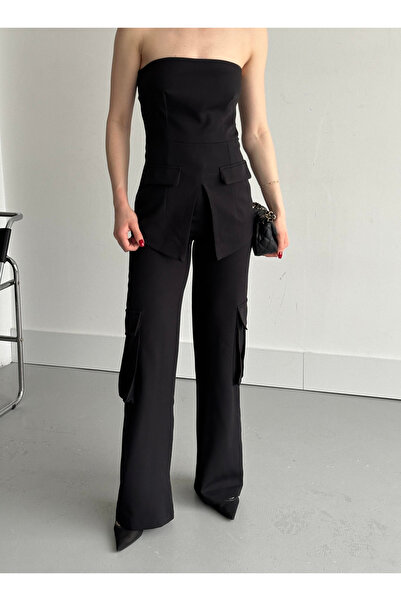 My Blog Black Strapless Blouse Cargo Pants Set - 1414