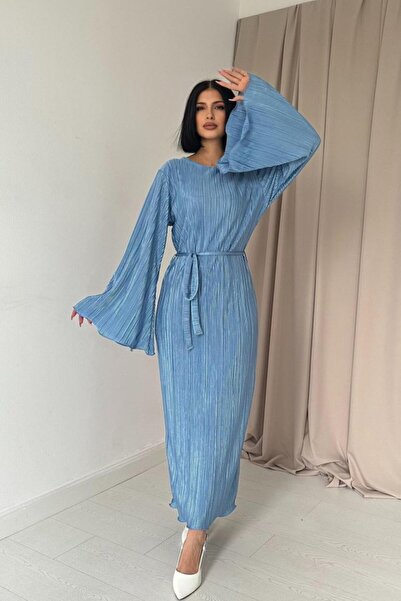 Zerenyus Blue Spanish Sleeve Pleated Dress