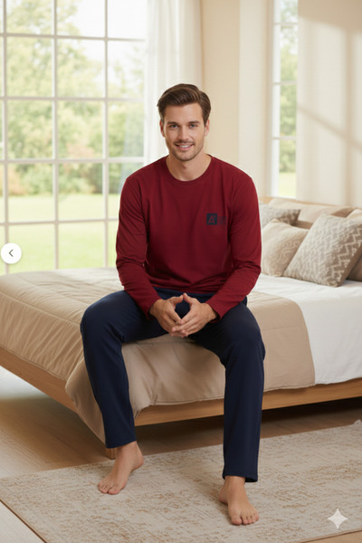 Ayans Pijama Thin Single Jersey Long Sleeve Crew Neck Burgundy Pajama Set