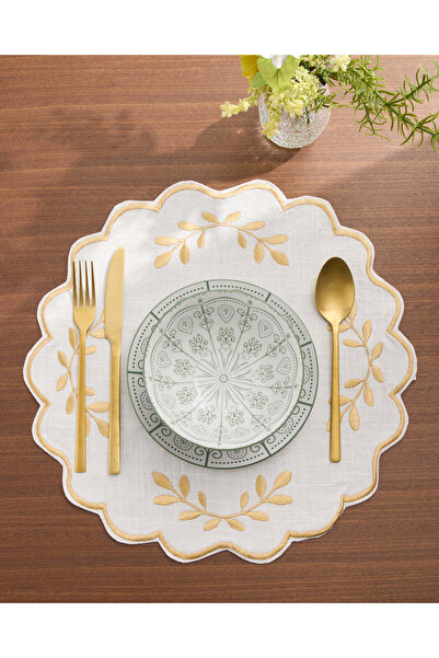 REDTAG Ivory Cotton Round Embroidered Placemat