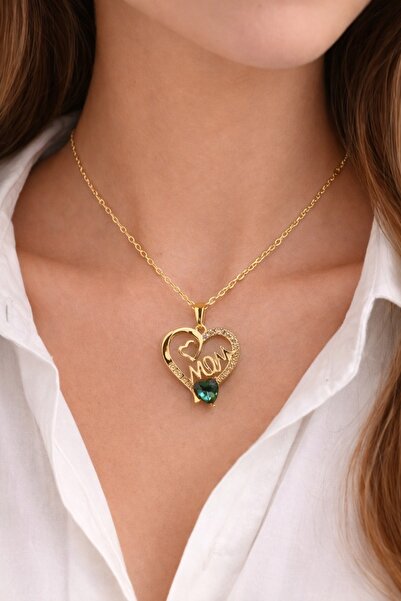 charmove ile kendinizi şımartın Mom Written Heart Green Stone Gold Color Stee...
