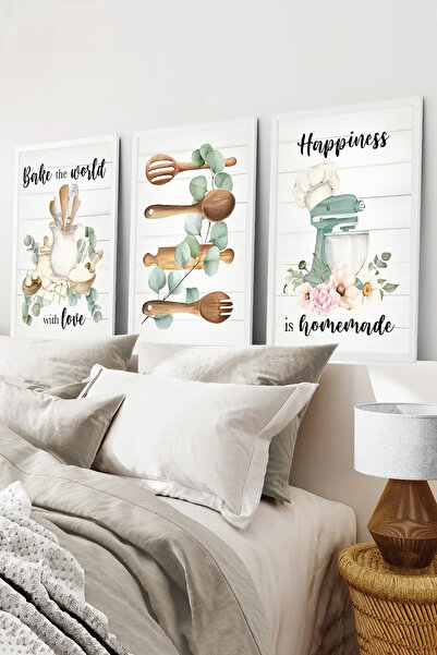 kutuTR Beyaz Çerçeveli 2D UV Baskı 3’lü MDF Tablo Set – Botanik ve Minimal Du...