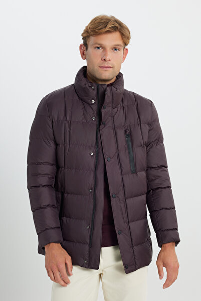 AC&Co / Altınyıldız Classics Burgunderroter Standard-Fit-Mantel mit normaler Passform, Stehkragen und Seitentaschen