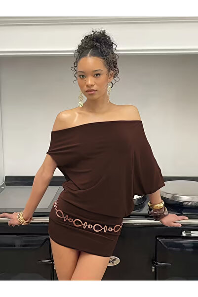 Machetta Women's Short Sleeve Thessaloniki Fabric Off-The-Shoulder Boat Neck Asymmetrical Neckline Slim Mini Chic Dress