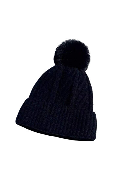 OEM Thick knitted hat with pompom, fur lined inside, casual winter style - Black