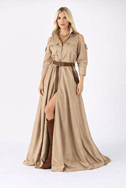 ALYEL NAKER Front Zippered & Off-The-Shoulder Maxi Length Special Design Taff...