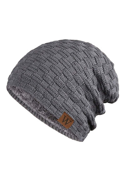 OEM Men's thick knitted hat with fur, casual windproof model - Grey