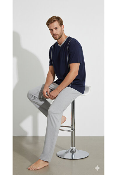 Ayans Pijama طقم بيجامة من جيرسيه بأكمام قصيرة وياقة دائرية باللون الأزرق الداكن