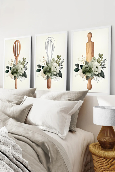 kutuTR Beyaz Çerçeveli 2D UV Baskı 3’lü MDF Tablo Set – Modern Minimal Botani...