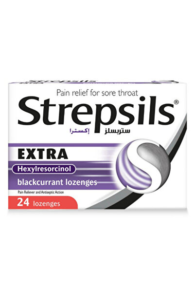 STREPSİLS معينات إضافية بنكهة الكشمش الأسود، مفعول مزدوج لتخفيف آلام التهاب الحلق، 24 معينة