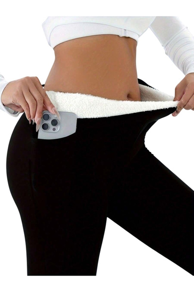 OEM Women's Fleece Lined Leggings with Pockets and High Waist - Black