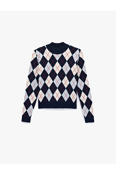 Koton Long Sleeve Mock Neck Diamond Pattern Knitwear Sweater