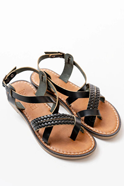 idimilla 205-09 Black Orthopedic Genuine Leather Women's Sandals