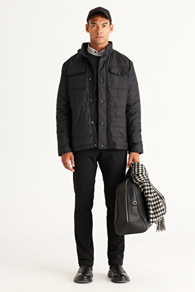 ALTINYILDIZ CLASSICS Schwarzer Standard-Fit-Mantel mit normaler Passform und Stehkragen