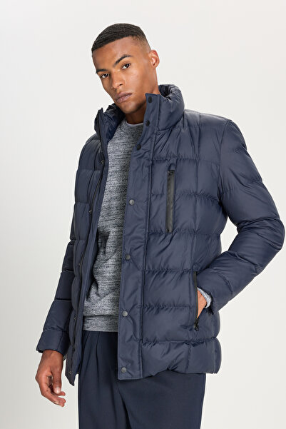 AC&Co / Altınyıldız Classics Navy Blue Standard Fit Regular Cut Coat with Mock Neck Side Pockets