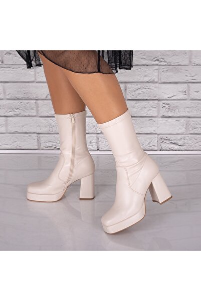 Botinelli Women's Beige Heeled Boots Made of Evomela Leather, 40