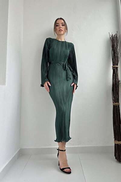 Zerenyus Emerald Spanish Sleeve Pleated Dress