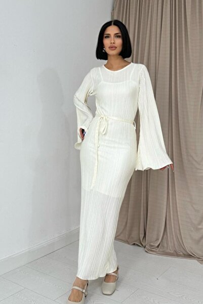 Zerenyus Ecru Spanish Sleeve Pleated Dress