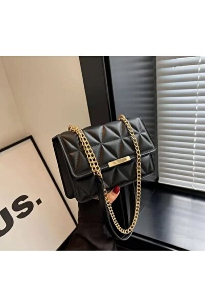 PrasadCo Black Quilted Faux Leather Shoulder Handbag with Gold-Tone Chain Strap