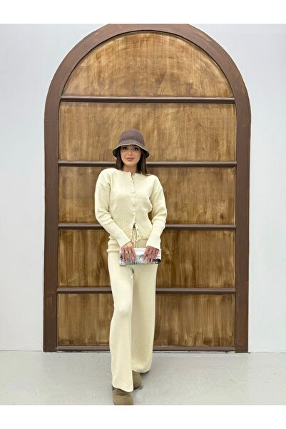 QADİSH Women's Knitwear Set Buttoned Long Sleeve Top Wide Leg Pants 2-Piece Set