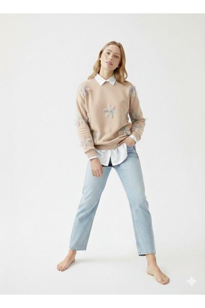 ribana Women's Floral Tulle Detailed Embroidered Shirt Collar Three Thread Thick Sh Fleece-Lined O Oversized Sweatshirt Tunic