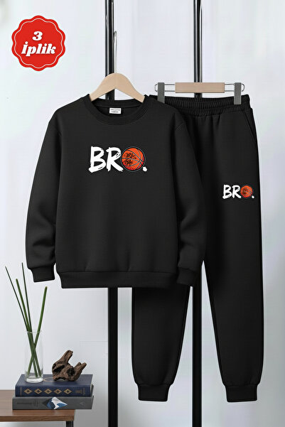 FYK KİDS 3-Ply Thick Round Neck Bro Basketball Print Detail Winter Boys' Tracksuit Set