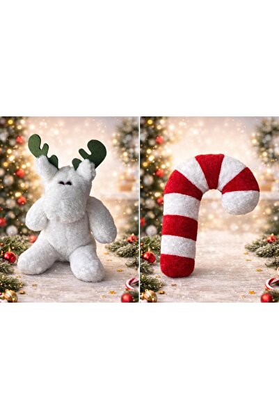 Moontoys Peluş Geyik 40 cm ve Baston Şeker Yastık 45 cm Yılbaşı Dekorasyon