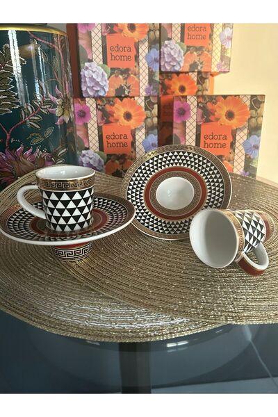 Edora Home Turkish Coffee Cup Set Black and White Patterned Burgundy Framed 2 Person 4 Pieces