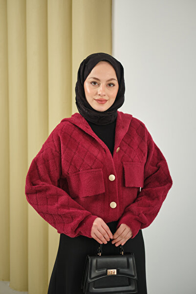 LOCCO Women's Self-Patterned Hooded Cardigan Burgundy