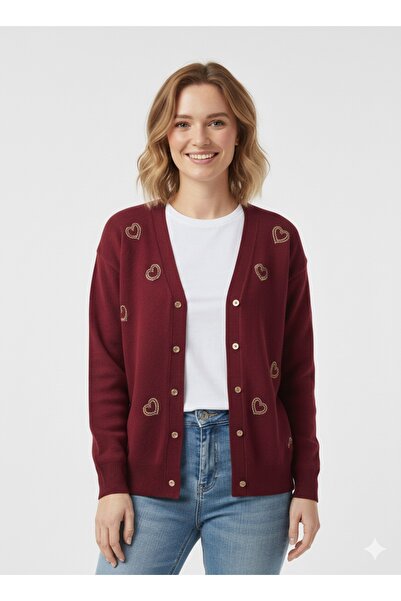 ModaPlaza Women's Acrylic Heart Printed Cardigan 3245