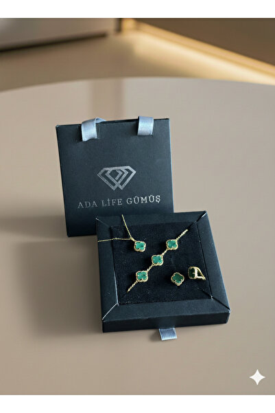 ADA LİFE GÜMÜŞ (ÇANTALI KUTULU)925 Ayar Gümüş YEŞİL Taşlı 3 Lü Yonca Set GOLD