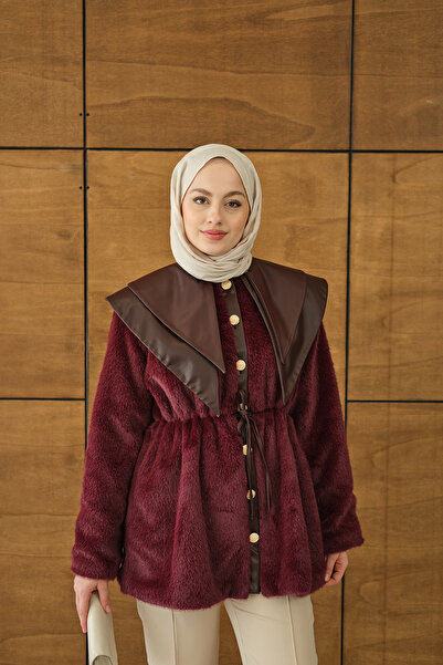 LOCCO Women's Double Leather Collar Plush Jacket Burgundy