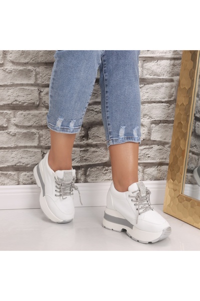 Botinelli Women's White Platform Sneakers Made of Norota -Leather, 38