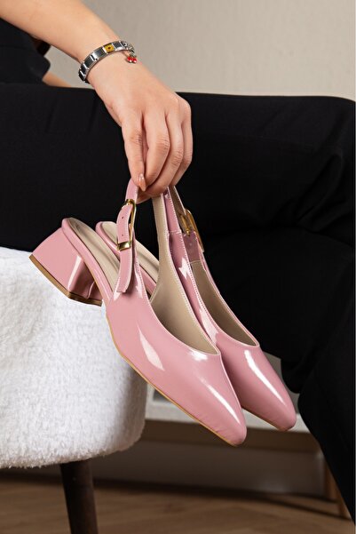 Genetti Elysa Pink Women's Chunky Heel Pointed Toe Buckle Slingback Shoes