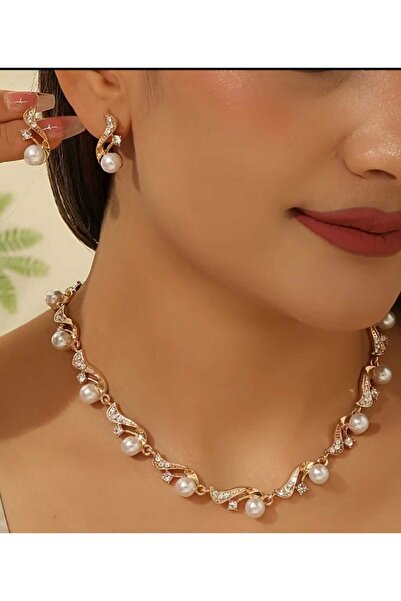 Ivory Pearl altın kaplama.zirkon taşlı cam incili gerdanlık.kolye ve küpe set...